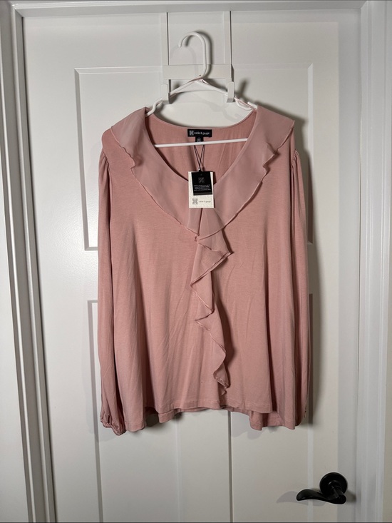 Cable & Gauge Tops - Cable & Gauge Rose Pink Ruffle Front Long Sleeve Blouse